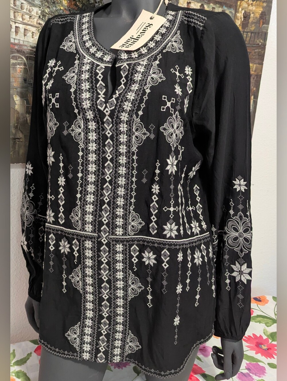 Savanna Jane Black Embroidered Boho Long-Sleeve Top